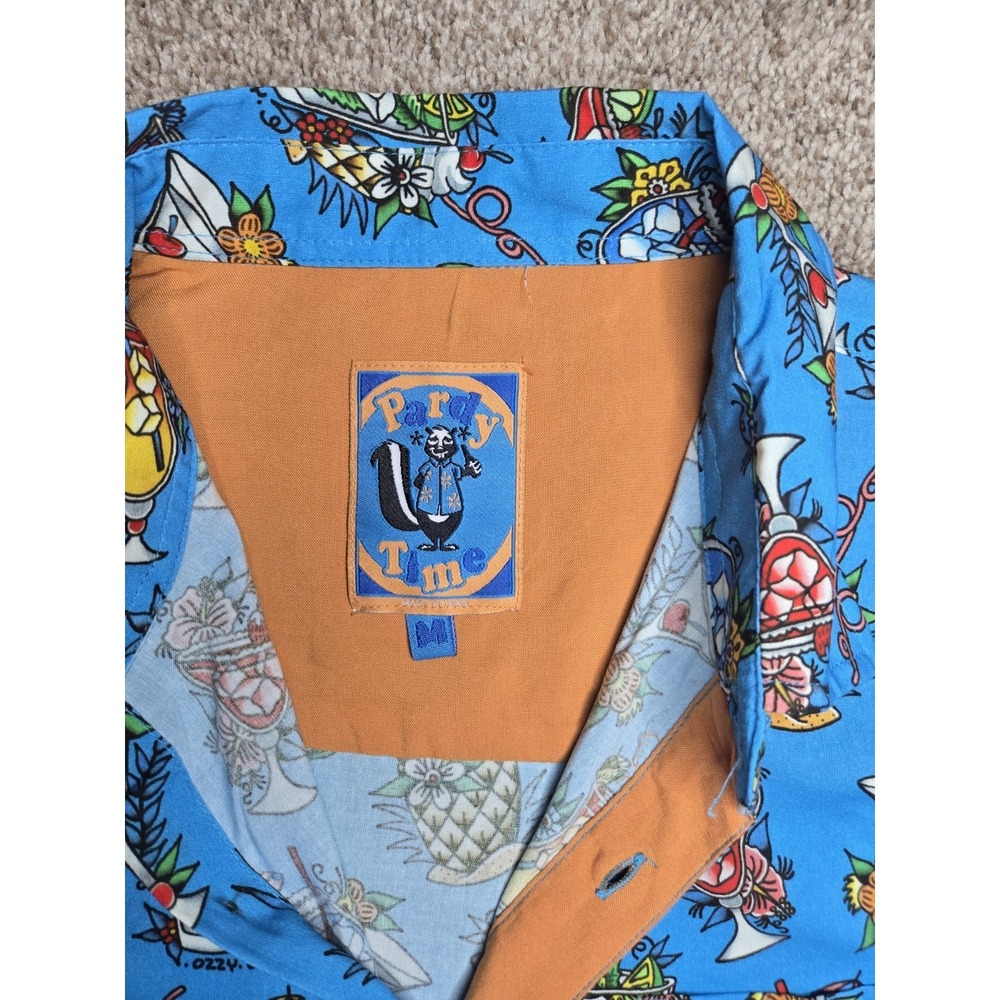 Pardy Time Sundy Funday Tropical Graphic Button-Up Shirt Blue Short Sleeve M - Picture 3 of 7